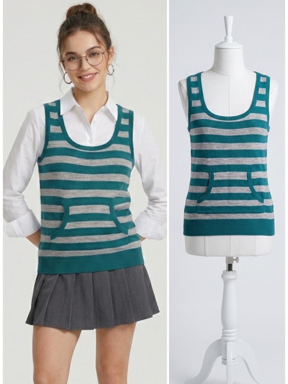Allen Solly Teal Gray Striped Knit Sweater Vest Scoop Neck Kangaroo Pocket XL